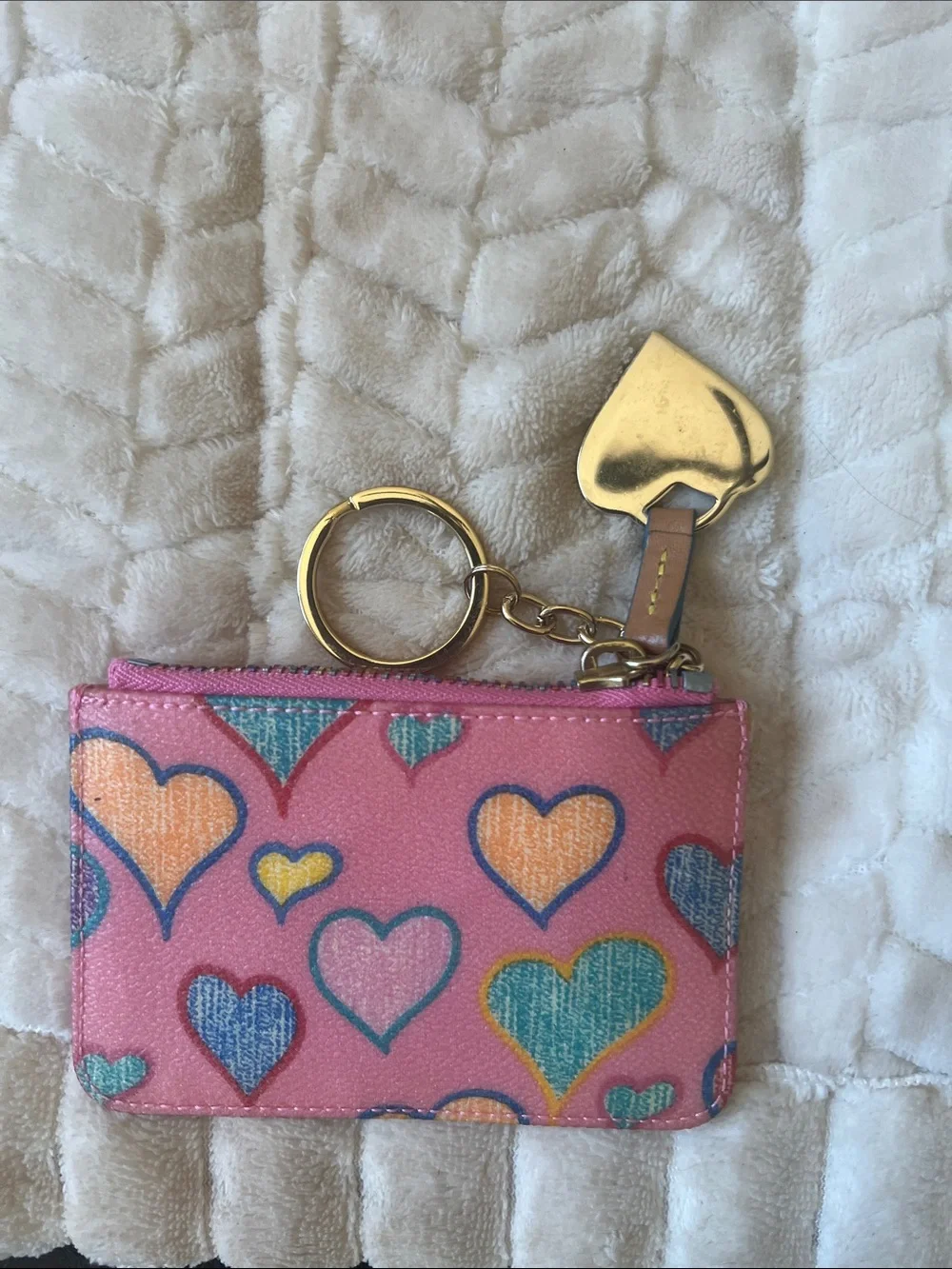 Dooney & Bourke Pink Heart Print Card & Key Pouch with Gold Ring Charm